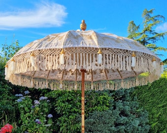 Handmade Balinese Collection Authentic Boho Style Sun Garden White Parasol With White Tassels and Fringe Details