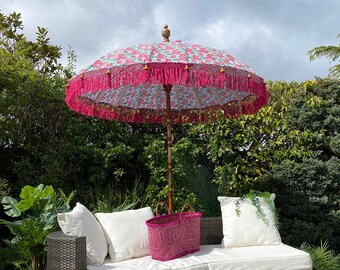 Collection balinaise faite à la main Authentique parasol de jardin de style Boho Parasol imprimé floral rose et bleu