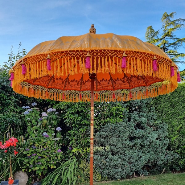 Handmade Balinese Collection Authentic Boho Style Sun Garden Parasol Orange and Pink Tassels