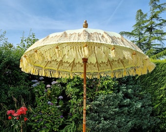 Handmade Balinese Collection Authentic Boho Style Sun Garden Parasol Lemon Yellow Colour and Gold