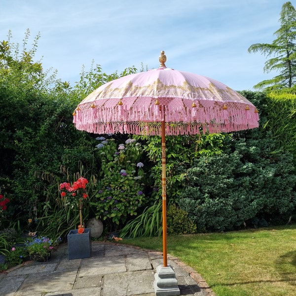Handmade Balinese Collection Authentic Boho Style Sun Garden Parasol Light Pastel Pink Colour and Gold