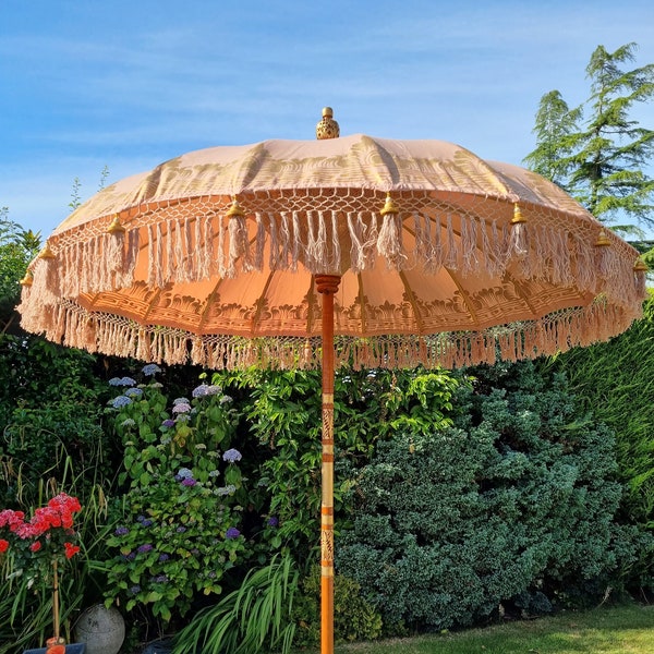 Handmade Balinese Collection Authentic Boho Style Sun Garden Parasol Light Warm Brown Tones & Gold With Tassels and Fringe