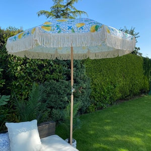 Boho Parasol Umbrella : Lemon print yellow and blue Sun Garden Parasol