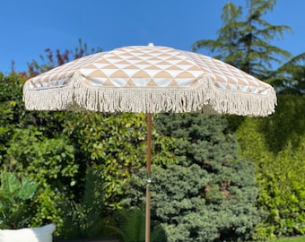 Boho Parasol Umbrella : Beige and white triangle print Sun Garden Parasol