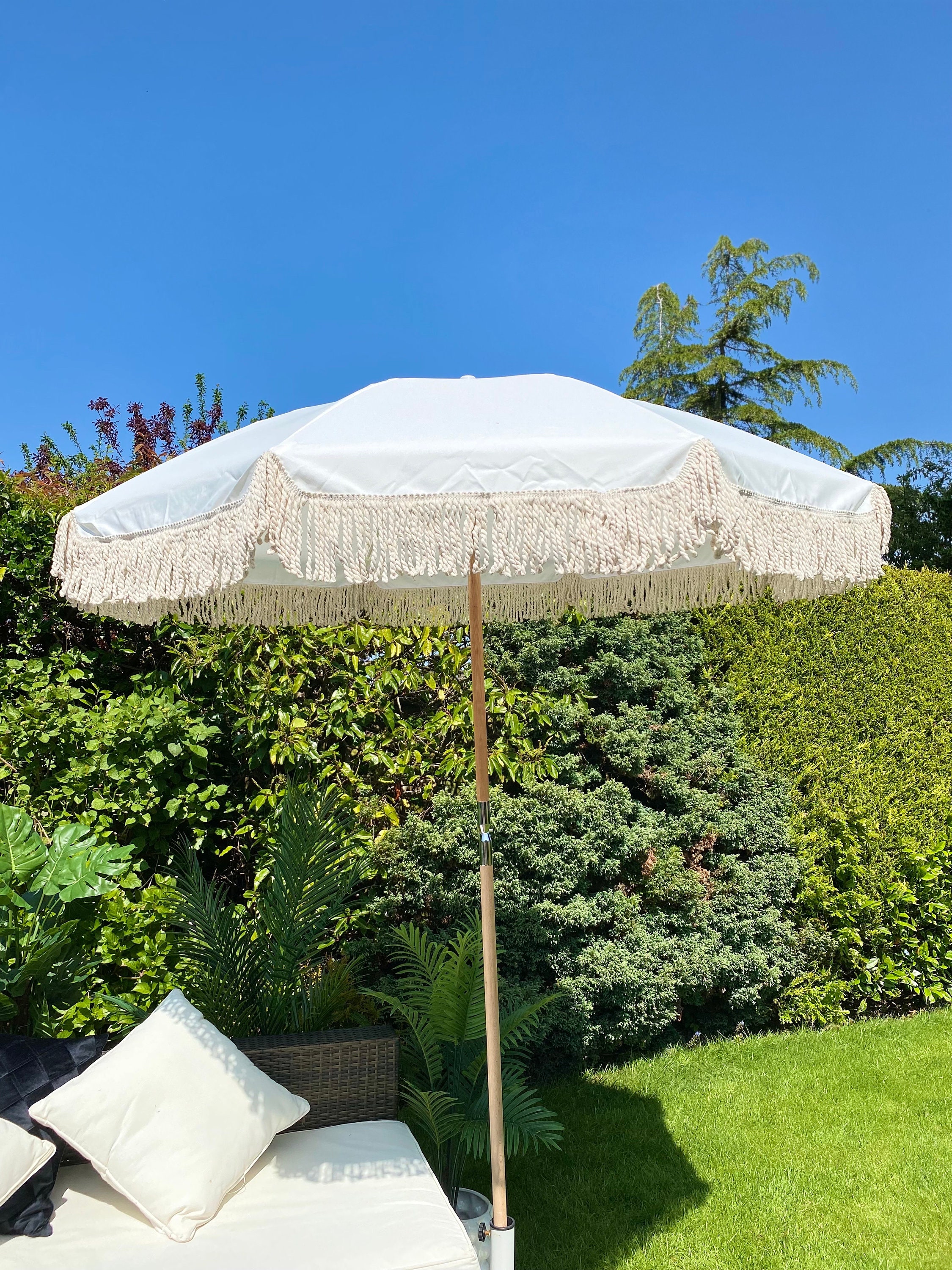 Boho Parasol Umbrella White fringe tassel Sun Garden Parasol