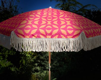 Boho Parasol Umbrella : Bright Pink and Orange Geometric print  Sun Garden Parasol