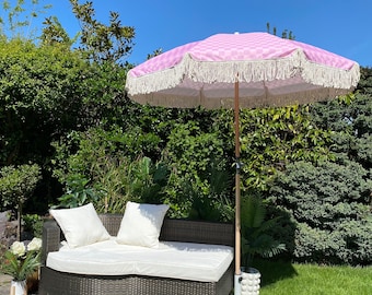 Parapluie Parasol Boho : Parasol de Jardin Sun Garden Vichy imprimé carreaux rose pastel et lilas