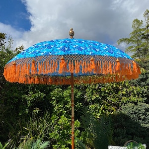 Handmade Balinese Collection Authentic Boho Style Sun Garden Parasol Blue and Orange Printed Parasol