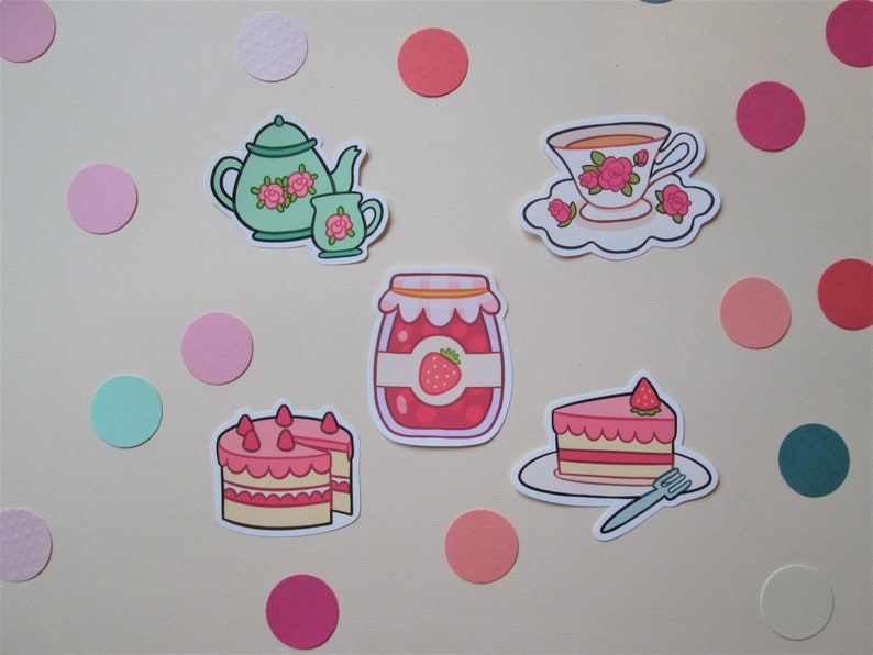 Teapot, teacup, strawberry jam, cake, cake slice Set of five waterproof vinyl stickers
