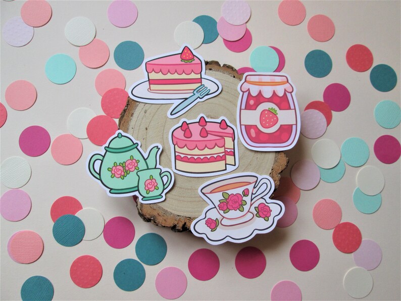 Teapot, teacup, strawberry jam, cake, cake slice Set of five waterproof vinyl stickers