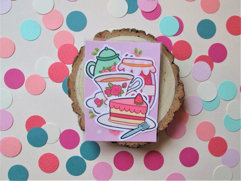Teapot, teacup, strawberry jam, cake, cake slice Set of five waterproof vinyl stickers