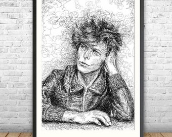 David Bowie art print unframed, David Bowie Poster, Bowie Wall Art, Bowie fan gift, Line art, squiggly line art, abstract line art