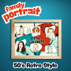 Custom family portrait 50's retro style, cartoon illustration from your family and pet photos, personalised print, retro wall art