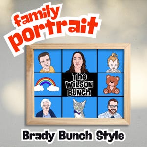 Retrato familiar personalizado al estilo de Brady Bunch, ilustración de dibujos animados de fotos de tu familia y mascotas, impresión personalizada, arte de pared retro