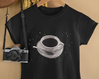 Coffee flying saucer in outer space T-Shirt, fun t-shirt, funny gift, sci fi tshirt, UFO tshirt, gift for sci fi fans, coffee birthday gift