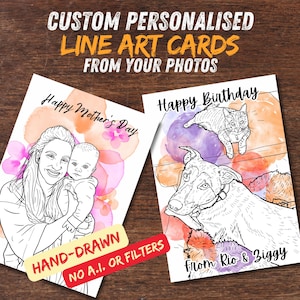 Tarjeta personalizada personalizada con arte lineal dibujado a mano a partir de su foto, regalos personalizados, día de San Valentín, tarjeta de cumpleaños, tarjeta de aniversario