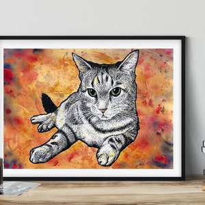 Tabby cat watercolour and ink painting unframed, pet portrait, cat painting, cats wall decor, cat picture for your wall, cat lover gift