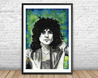 Marc Bolan of T. Rex watercolour and ink painting unframed, glam rock wall art, music fan gift, original watercolour, celebrity portrait