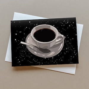 Carte de voeux de soucoupe volante de café dans l'espace, carte pour des amateurs de café, carte drôle, carte d'OVNI, espace, carte de caféine, carte originale