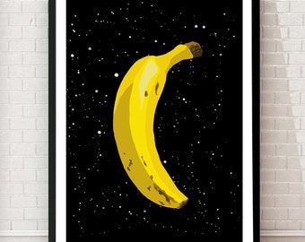Banana in outer space art print, unframed, Digital Art Print, Pop Art Poster, Quirky Wall Decor, Weird art, UFO poster, Banana Wall Art