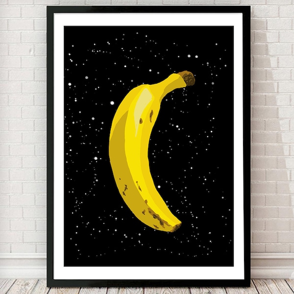 Banana in outer space art print, unframed, Digital Art Print, Pop Art Poster, Quirky Wall Decor, Weird art, UFO poster, Banana Wall Art