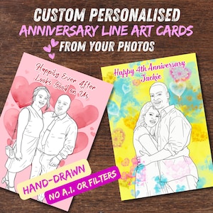 Tarjeta de aniversario personalizada con arte lineal dibujado a mano a partir de tus fotos, regalos personalizados, aniversario, tarjeta personalizada con dibujo, para ella