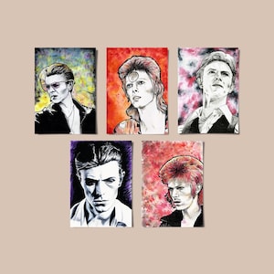 Postales de David Bowie, juego de 5, postal musical, tarjeta de Ziggy Stardust, regalo para un fanático de la música new wave, Thin White Duke, retrato de Bowie