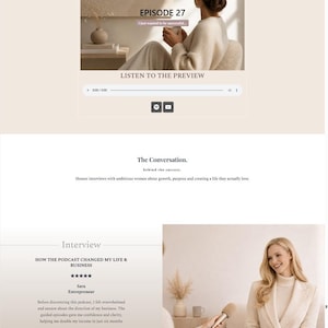 May include: Website design for a podcast, featuring the text "PODCAST" and "Coffee & Coaching." The page includes sections on tuning in, episode previews, interviews, and FAQs. The color scheme is neutral with images of women.