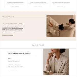 May include: Website homepage featuring the RISEA brand, with a neutral color palette. The page includes sections on coaching sessions, business, mindset, and balance. Text includes "SLAY YOUR GOALS BABE" and "NEXT LIVE COACHING SESSION".