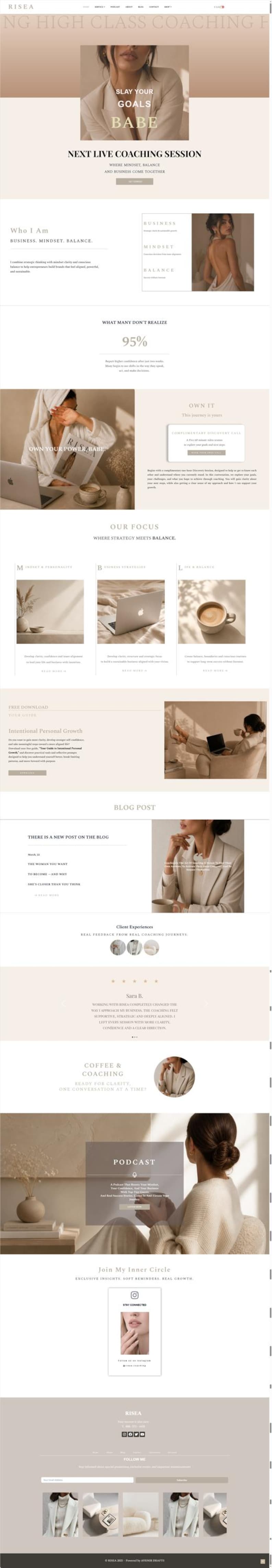 May include: Website homepage featuring the RISEA brand, with a neutral color palette. The page includes sections on coaching sessions, business, mindset, and balance. Text includes "SLAY YOUR GOALS BABE" and "NEXT LIVE COACHING SESSION".