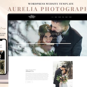 May include: A website template displayed on a laptop and smartphone. The website features wedding photography with the text "AURELIA PHOTOGRAPHY" and "CAPTURING ETERNAL MOMENTS". The smartphone shows a gallery of photos.