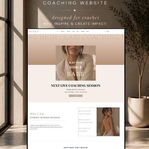 May include: A website template titled "RISEA COACHING WEBSITE" with a neutral color palette. The design includes sections for coaching, with the text "SLAY YOUR GOALS BABE." Additional text highlights features like mobile-friendliness and customization.