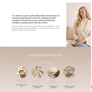 May include: Website design featuring a business coach named Risea. The site includes sections titled "About Me," "Business Consultant and Trainer," and "FAQ." The color scheme is neutral with images of the coach and inspirational graphics.