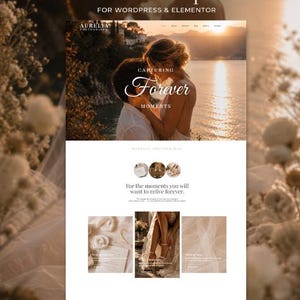 Könnte beinhalten: Eine Website-Vorlage für Fotografen mit romantischem Design. Die Vorlage enthält den Text "Luxury Photographer Website Template" und ein Foto eines Paares. Die Website ist mobilfreundlich und erfordert keine Programmierung.