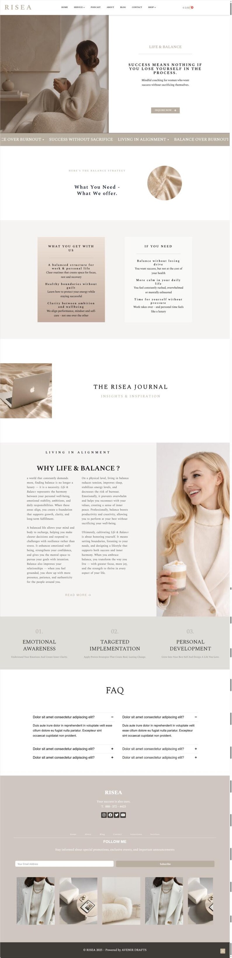 May include: Website design featuring a neutral color palette with text about life balance and mindful coaching. The site includes sections on emotional awareness, targeted implementation, and personal development.