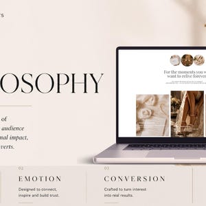 May include: A laptop displaying a website design concept with the text "For the moments you will want to relive forever." The image also includes the text "Our Philosophy" and "Web Design is the art of bringing together true audience understanding, emotional impact, and a strategy that converts."