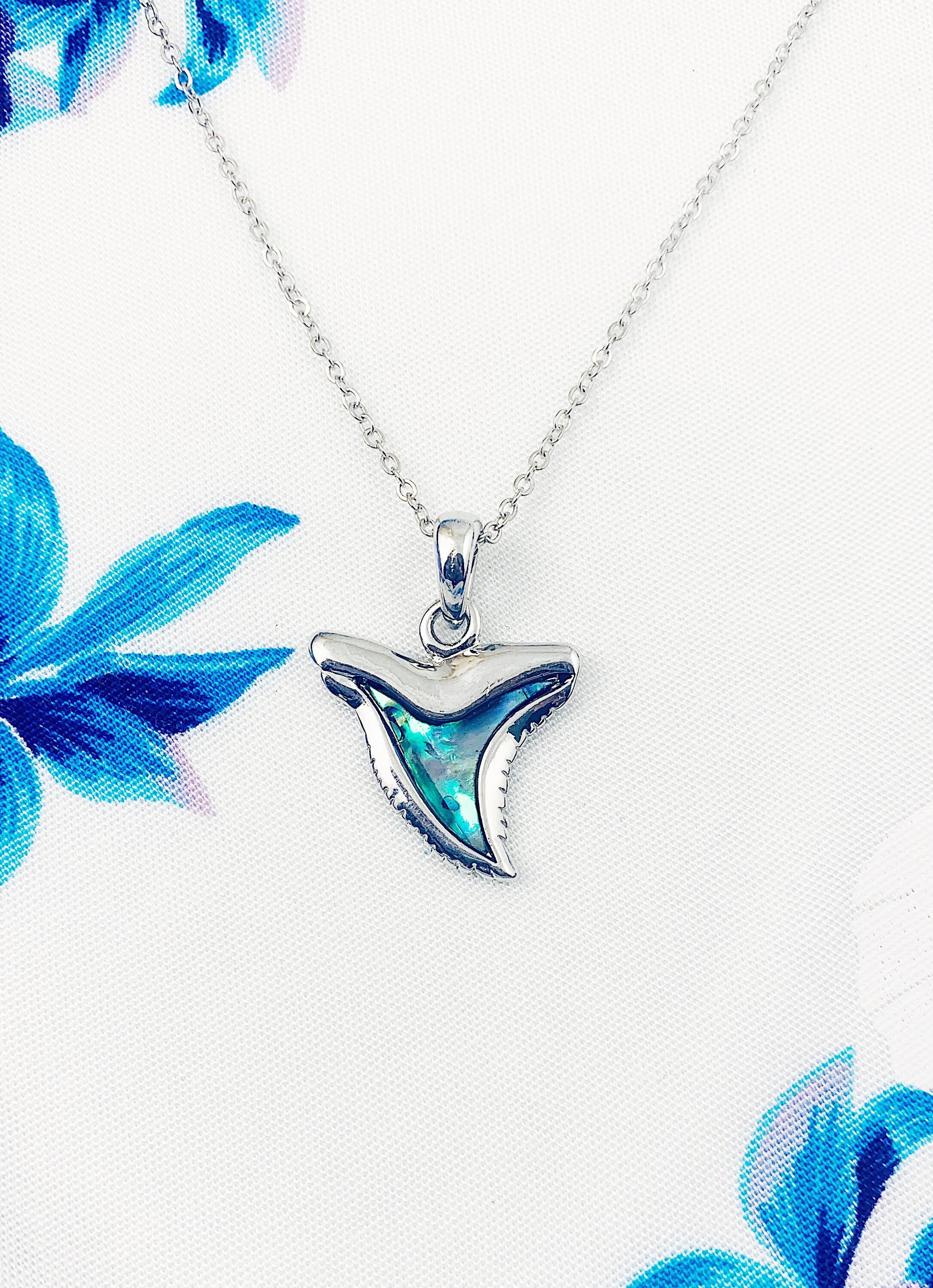 Enamel Blue Shark Tooth Pendant Iridescent Tropical Necklace Etsy