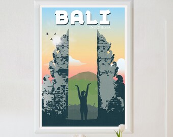 Gepersonaliseerde Bali poster, Bali print, Bali reisposter, Bali poster, Bali gate, Indonesië, retro reis poster, reizen muur kunst