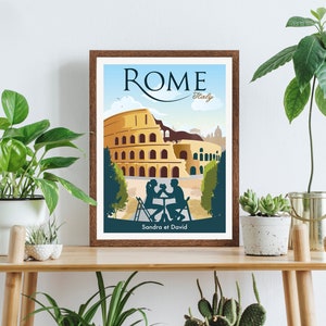 May include: A vintage-style travel poster with a blue, green, and yellow color scheme. The poster features a silhouette of the Colosseum in Rome, Italy, with two people sitting at a table in front of it. The text "ROME Italy" is at the top of the poster, and the text "Sandra et David" is at the bottom.