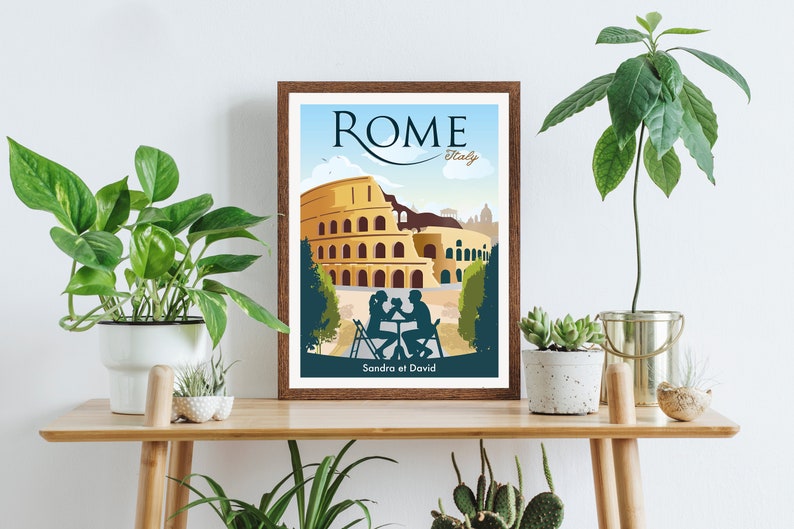 May include: A vintage-style travel poster with a blue, green, and yellow color scheme. The poster features a silhouette of the Colosseum in Rome, Italy, with two people sitting at a table in front of it. The text "ROME Italy" is at the top of the poster, and the text "Sandra et David" is at the bottom.
