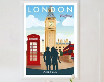Gepersonaliseerde Londen poster, Londen print, Londen reisposter, Londen poster, retro reisposter, kunst aan de muur reizen