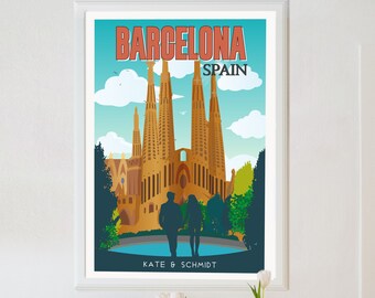 Gepersonaliseerde Barcelona-poster, Barcelona-print, Barcelona-reisposter, Parijs-poster, retro reisposter, reismuurkunst