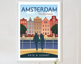 Gepersonaliseerde Amsterdam-poster, Amsterdam-print, Amsterdam-reisposter, Amsterdam-poster, retro Amsterdam-print, reismuurkunst