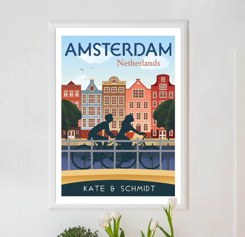 May include: A vintage travel poster design featuring a couple riding bicycles on a bridge in Amsterdam, Netherlands. The poster has a blue sky with white clouds, colorful buildings, and the text "AMSTERDAM Netherlands" and "KATE & SCHMIDT".