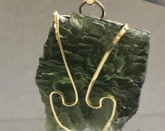 14k Gold Raw Moldavite Pendant: Certified Czech Tektite Necklace