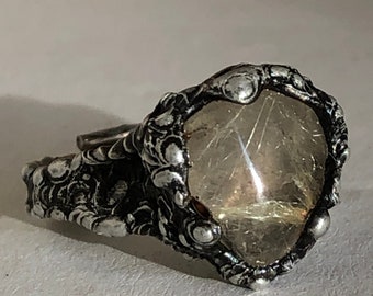 Raw Sagenite Quartz Ring: Copper Silver Pewter Eagle Claw Setting