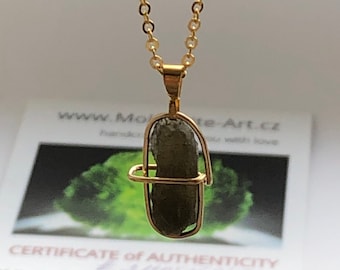 Raw Moldavite Pendant: 14k Gold Charm, Authentic Czech Stone, handmade Moldavite jewelry, Genuine Moldavite