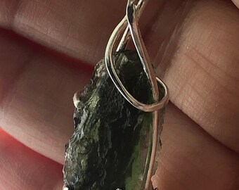 Raw Moldavite Sterling Silver Pendant: Czech Crystal Necklace
