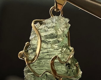 14k Gold Raw Moldavite Pendant: Certified Czech Crystal Necklace