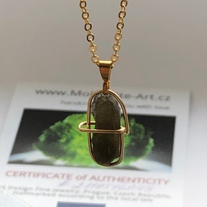 Moldavite charm, pendant, locket Gold, minimalist - Certified magic stone with Authenticity card Czech Rep., hand crafted pendant in Europe
